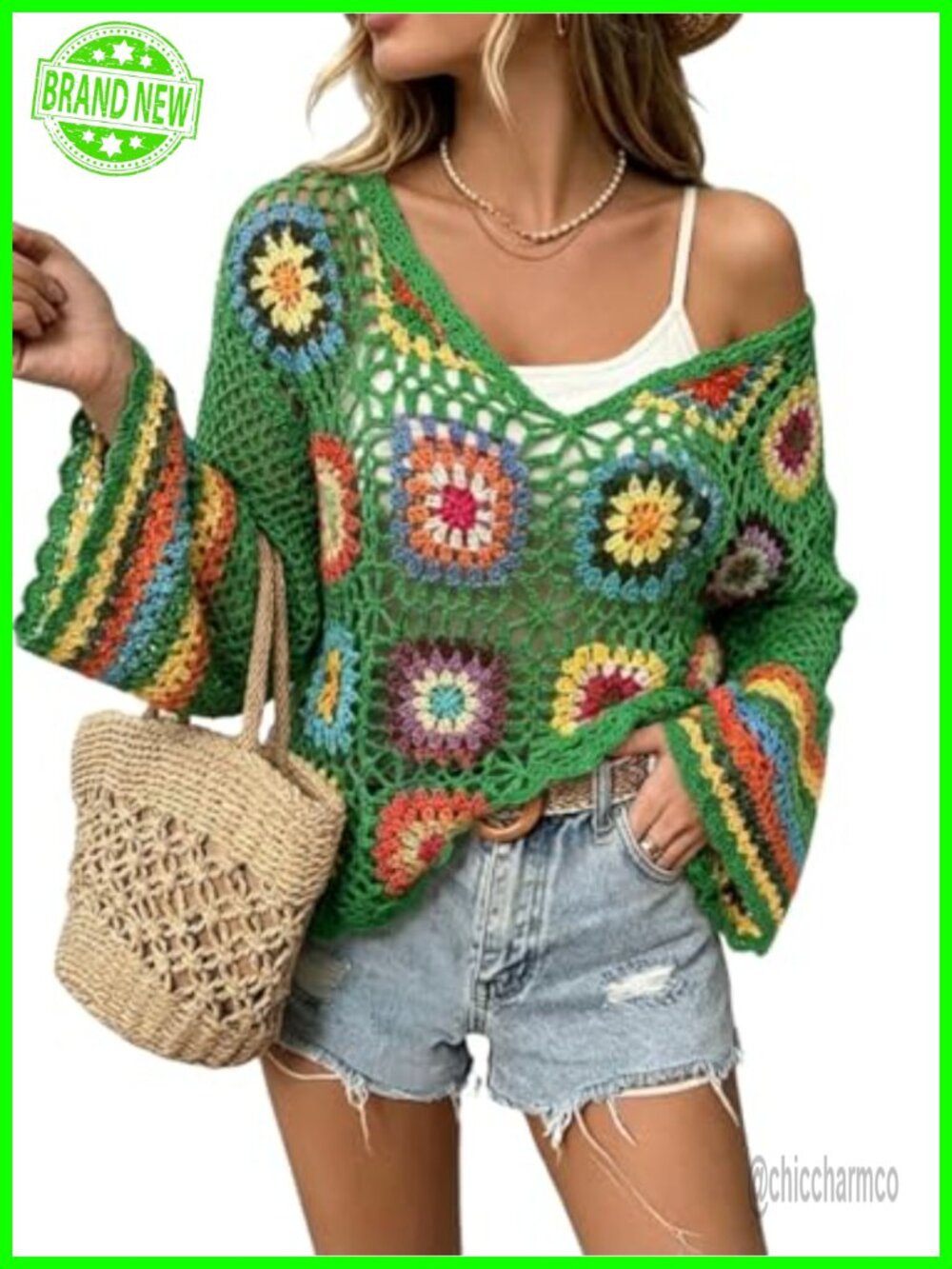 Crochet Cover Up Boho Floral V-Neck Long Sleeve Knit Swim Coverup